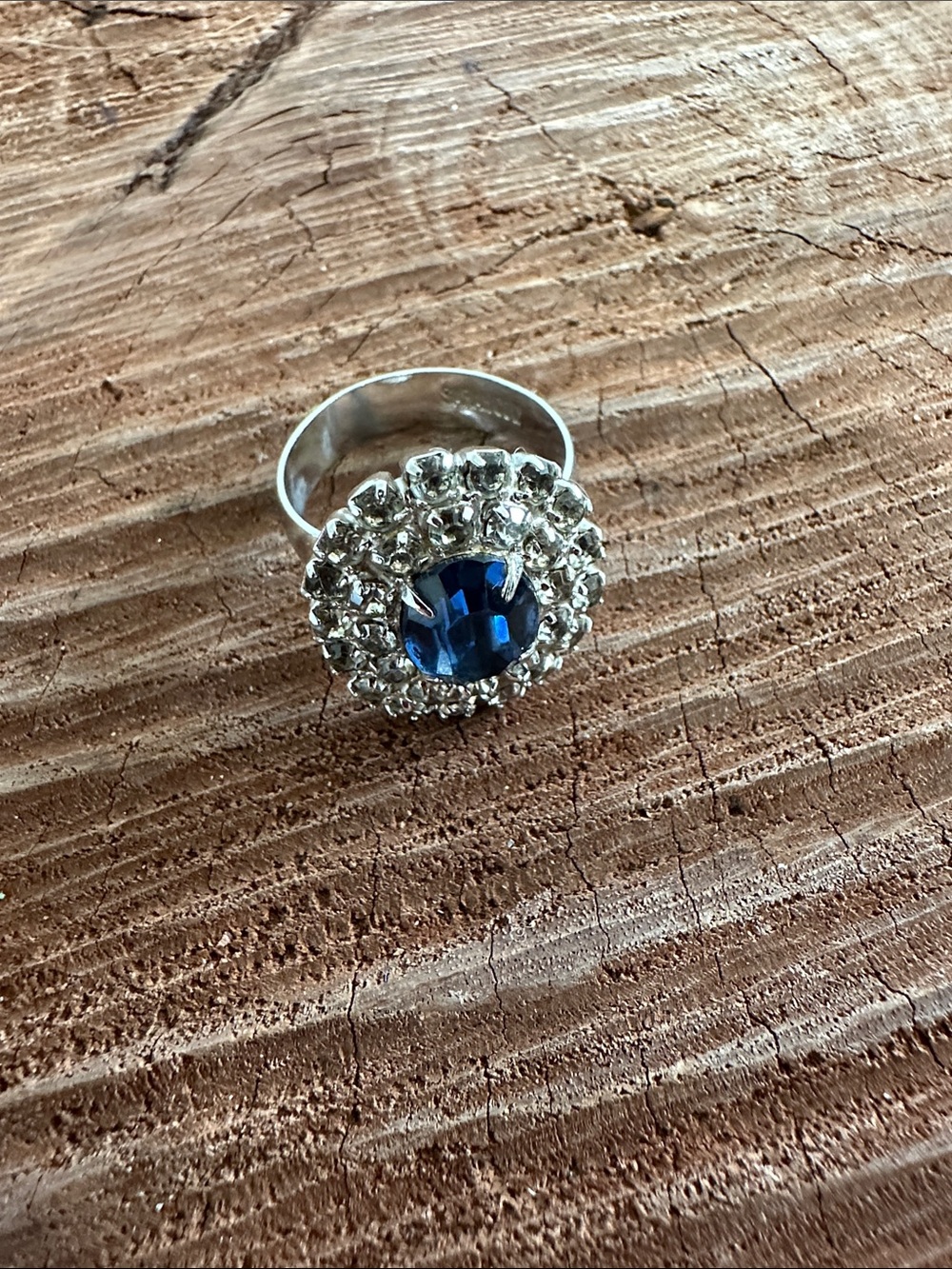 Sarah Coventry Silver-Tone Ring with Sapphire Blue Center and Clear Halo